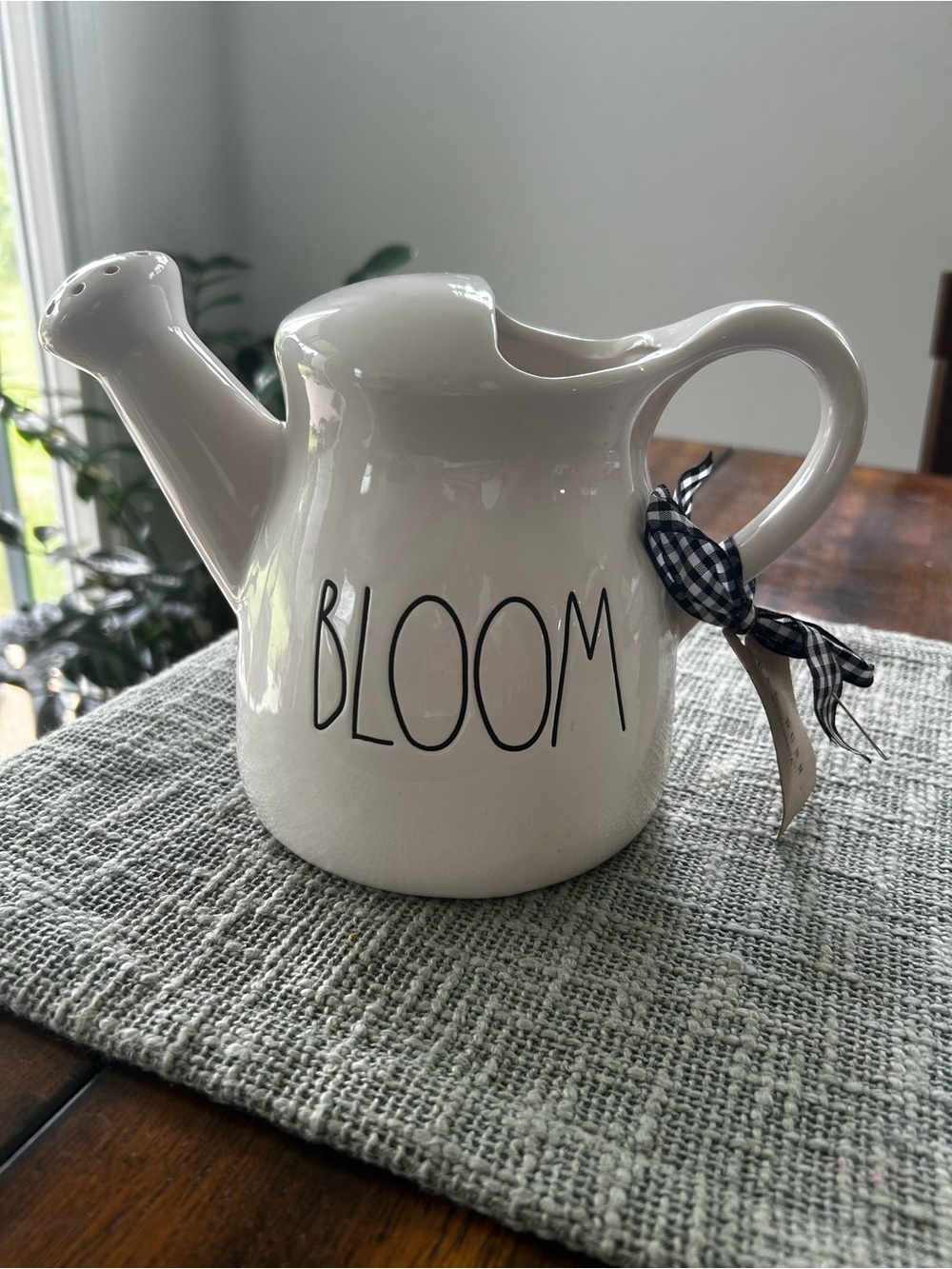Rae Dunn White Ceramic Mug with Black Gingham Ribbon